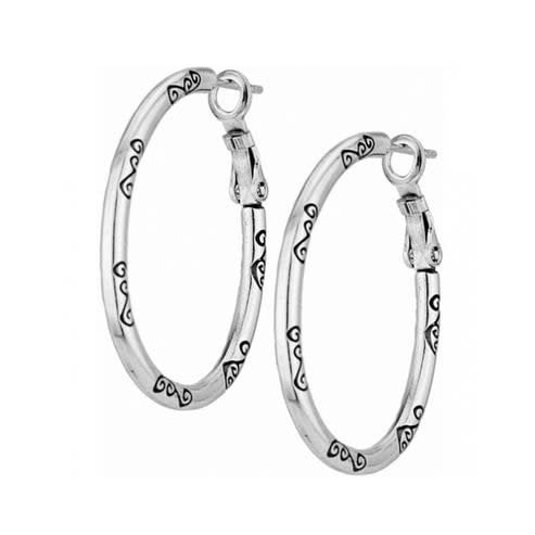 Silver plated oval hoop charm earrings with a silver finish.