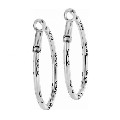 Silver plated oval hoop charm earrings with a polished finish.