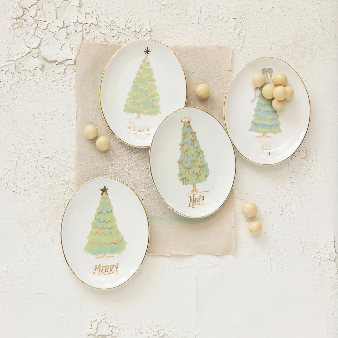 Oval Stoneware Dish w Holiday Word - Sold Individually
