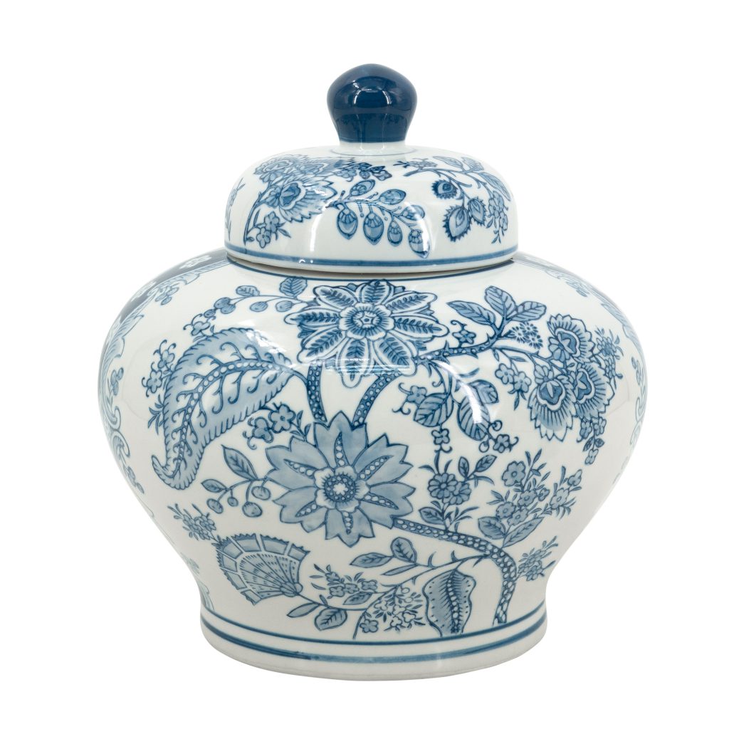 White porcelain lidded jar with a square silhouette measuring approximately nine inches.
