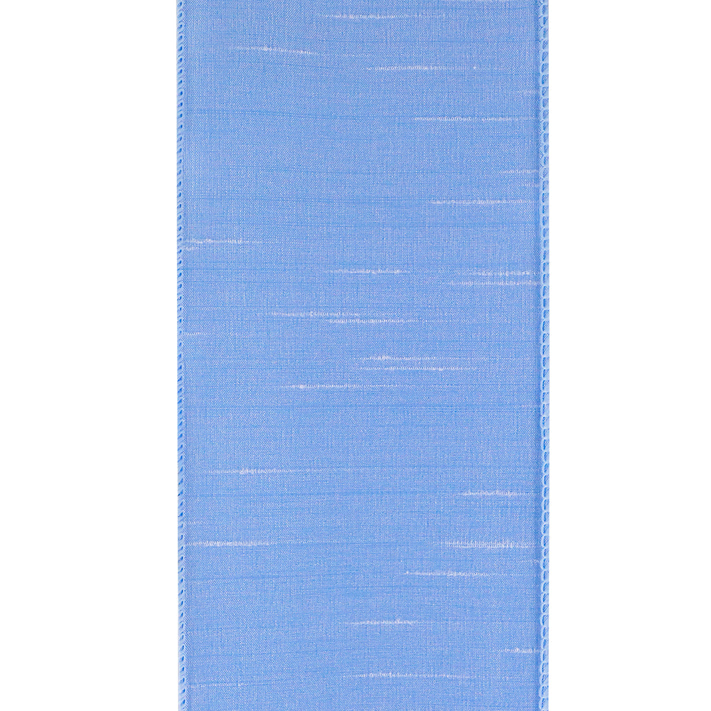 4 inch light blue Dupioni Supreme wired edge ribbon with a textured, slubbed fabric finish.