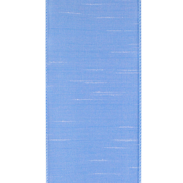 4 inch light blue Dupioni Supreme wired edge ribbon with a textured, slubbed fabric finish.
