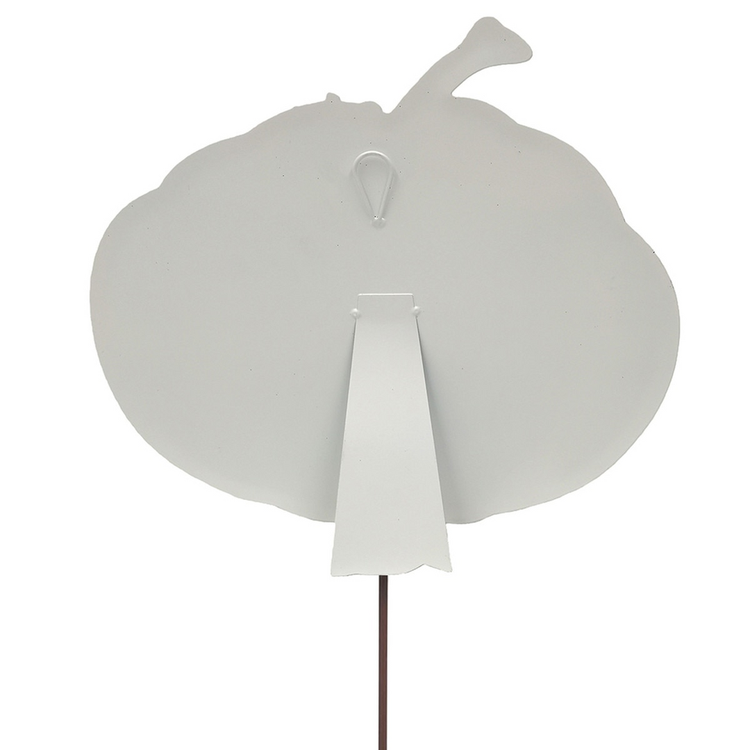 Back view of a white metal pumpkin decoration with a hanging loop, easel stand, and garden stake.