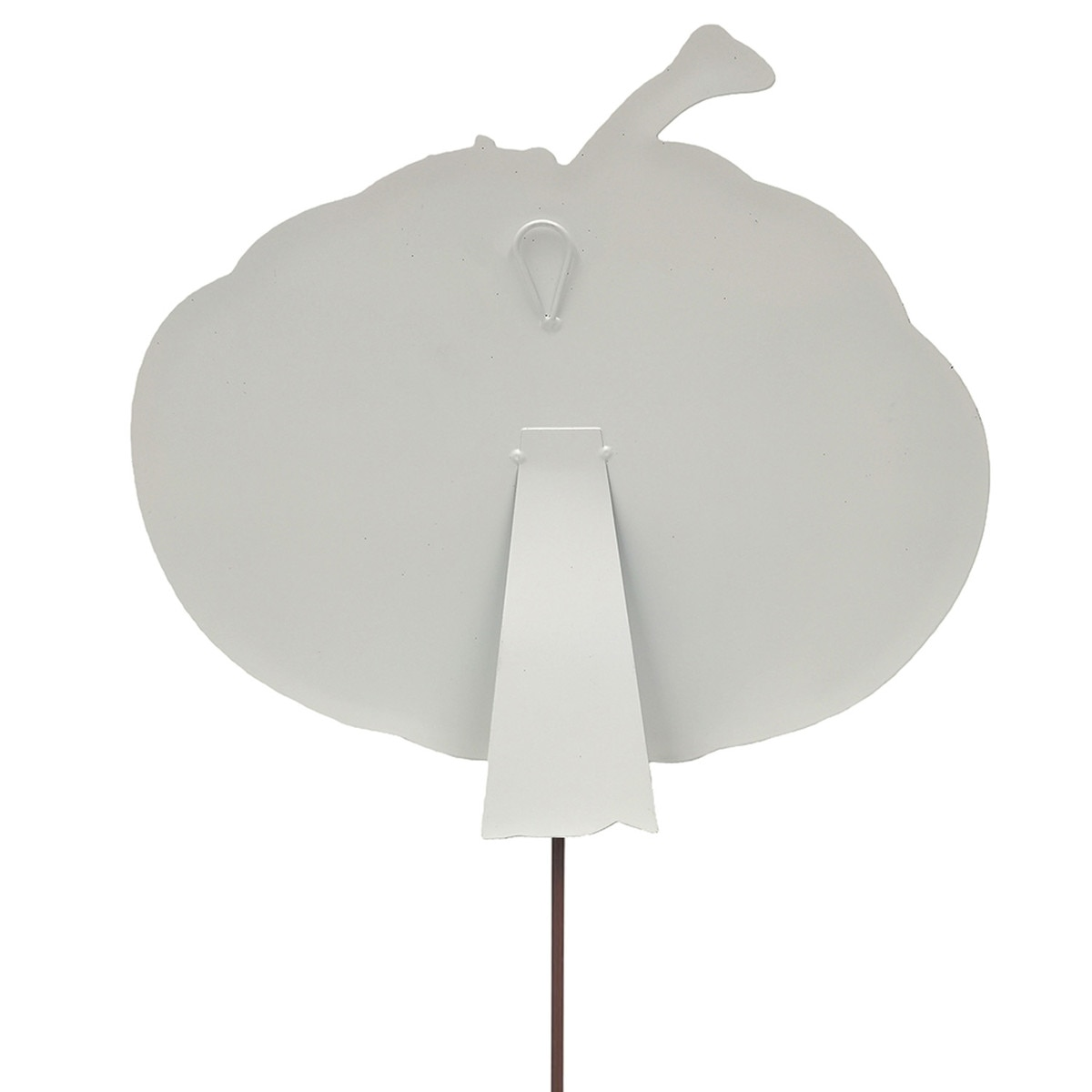 Back view of a white metal pumpkin decoration with a hanging loop, easel stand, and garden stake.