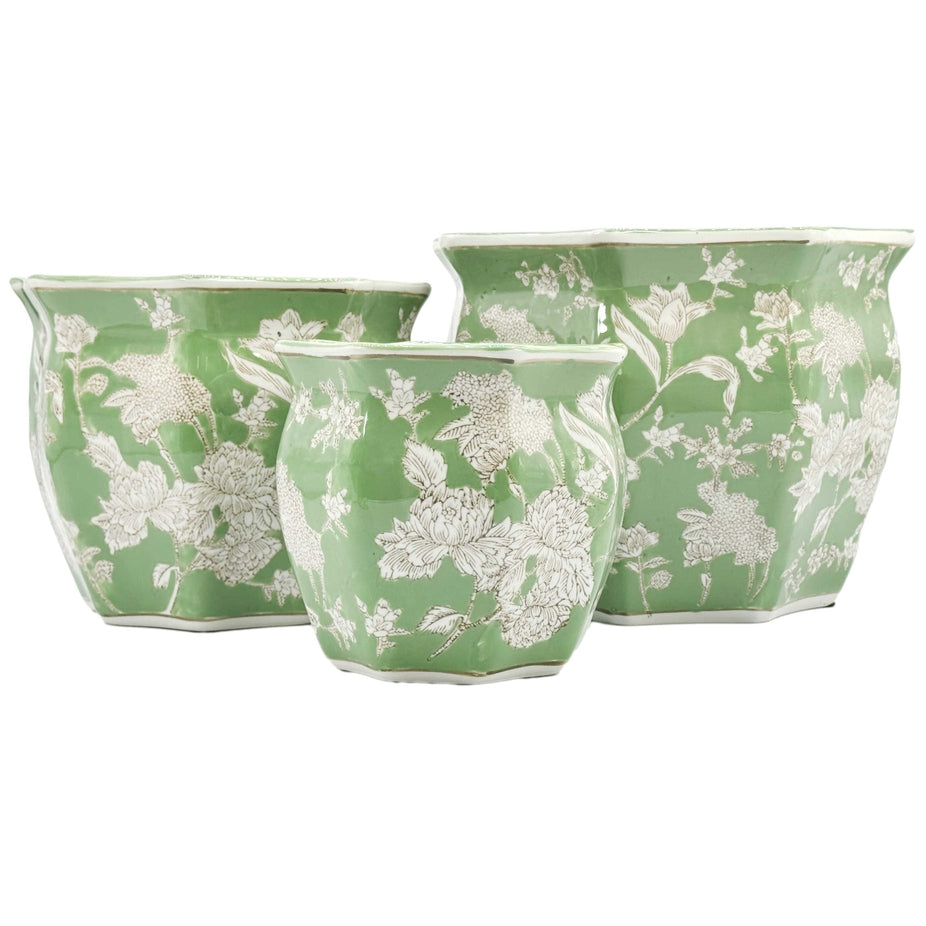 Ceramic Chinoiserie Planter Pot Green & White - Sold Individually