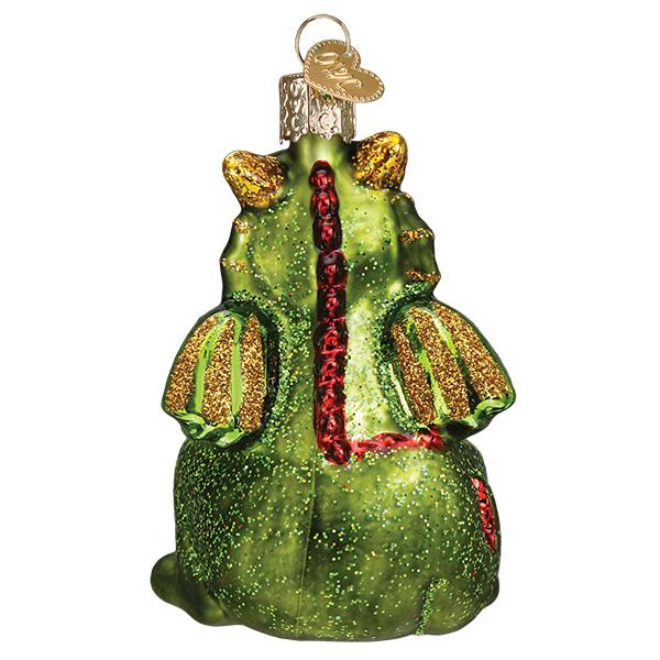 Back view of a green glass Little Dragon Ornament with gold glitter wings and red glitter scales.