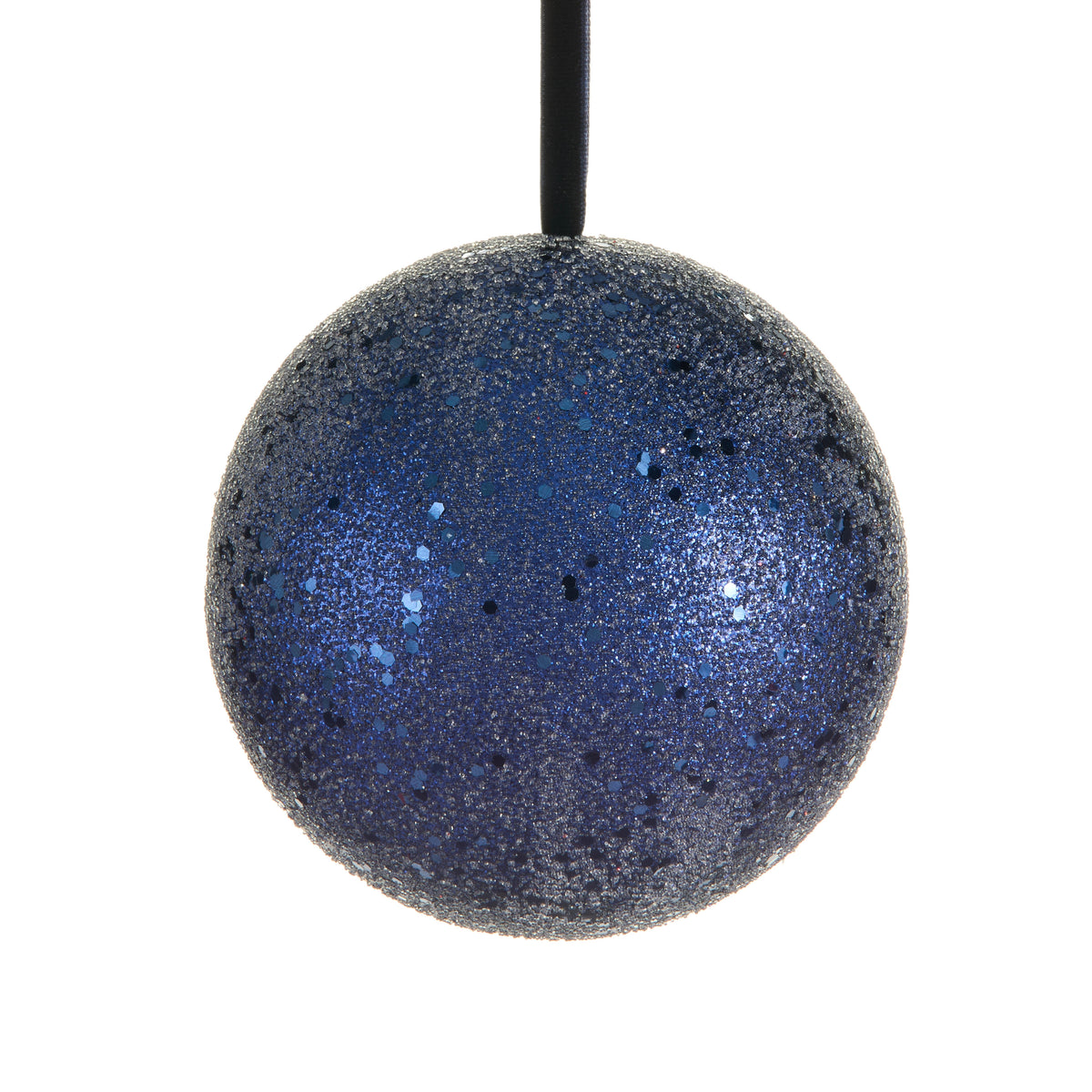 6-inch blue glitter ball ornament hanging from a black ribbon against a white background.