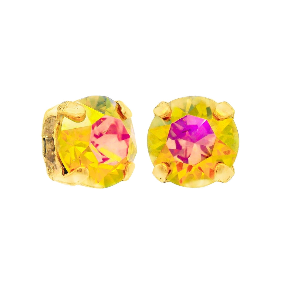 Antique gold plated brass stud earring with an 8mm clear crystal in a bohemian silhouette.