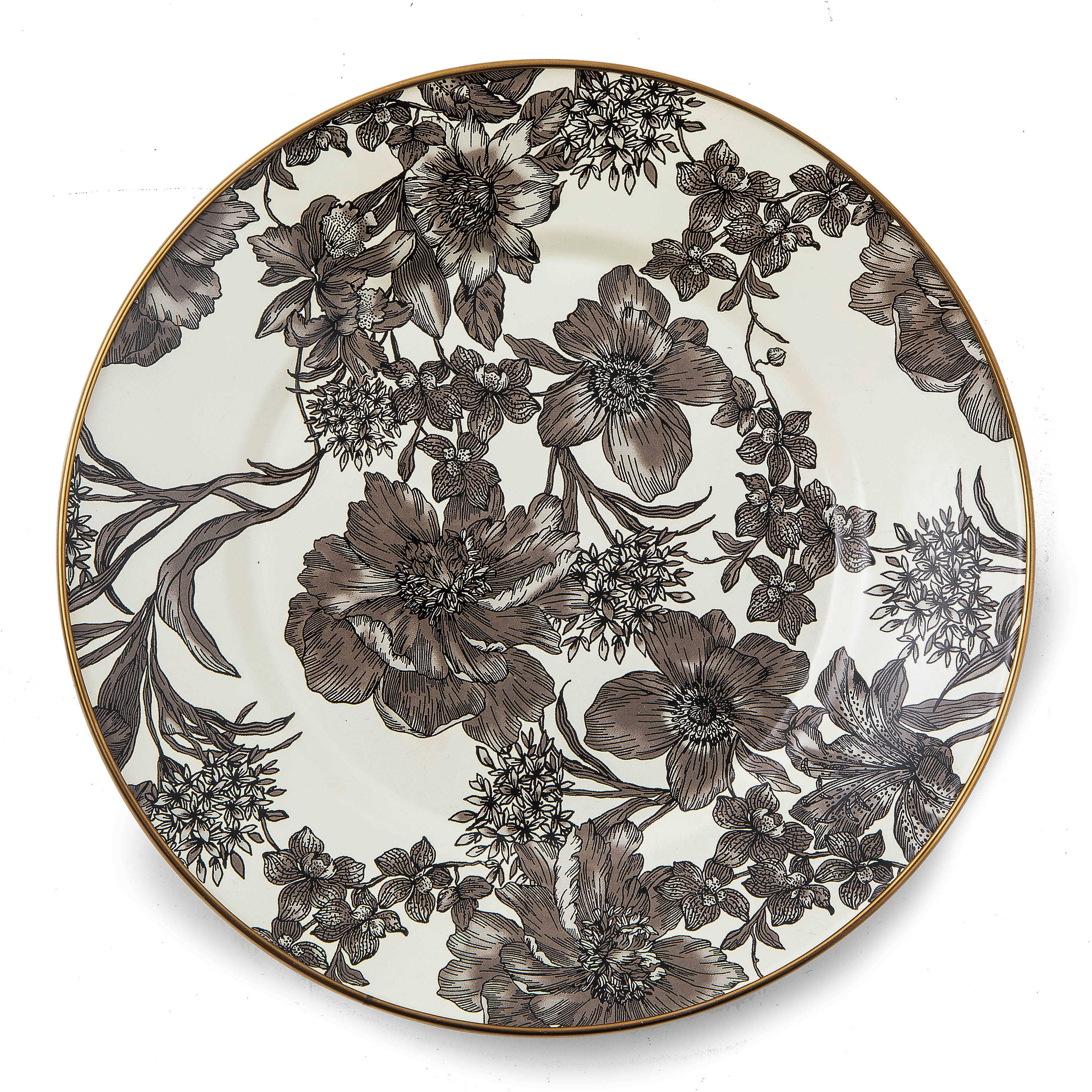 Sterling English Garden Enamel Dinner Plate with black floral pattern and bronzed rim.