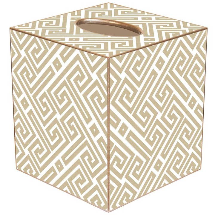Hand-cut paper mache tissue box cover with gold-painted edges.