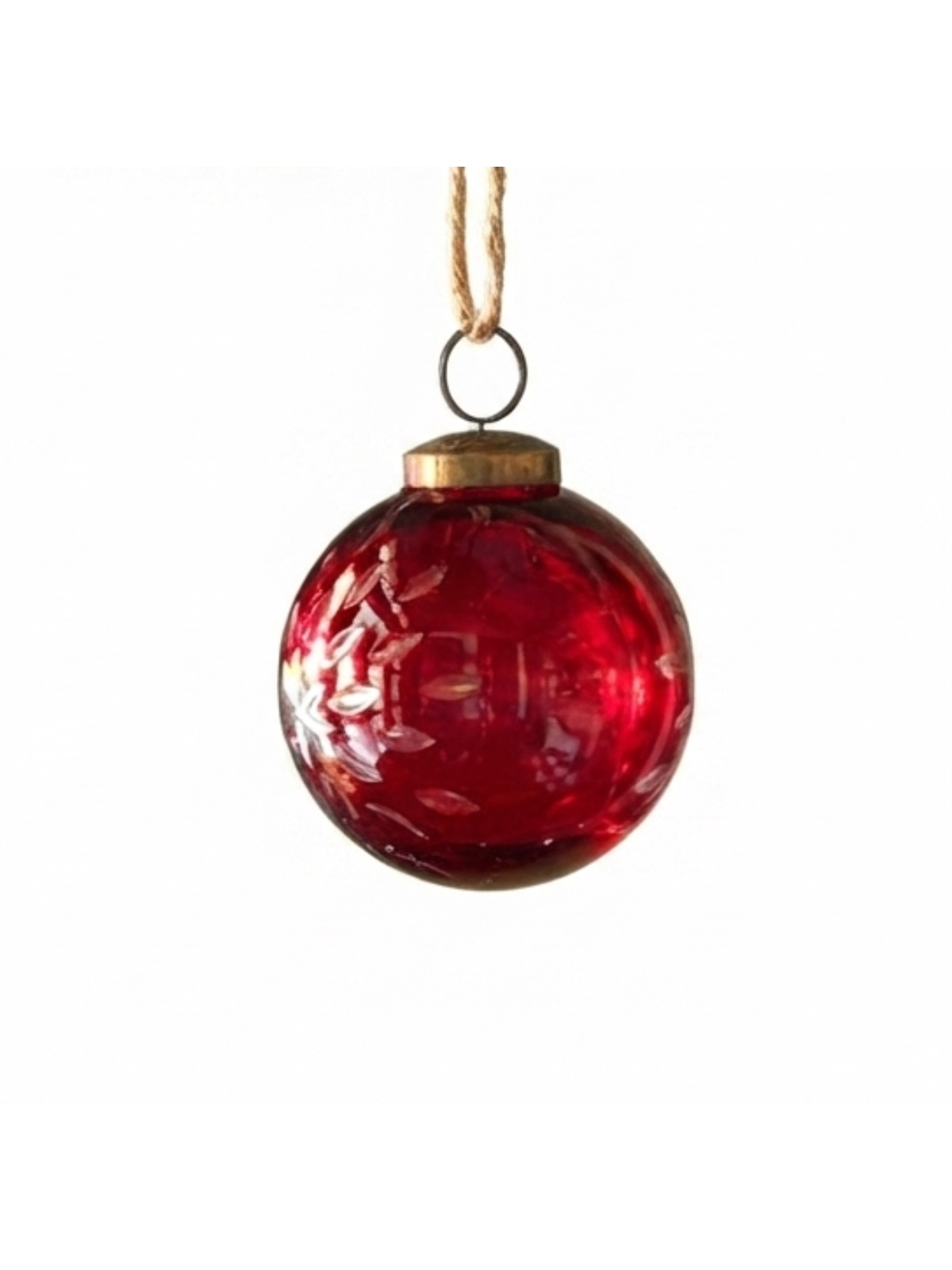 Red etched glass 3-inch Christmas ball ornament with a vintage brass cap and twine hanger.