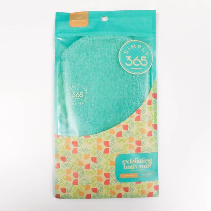 Exfoliating bath mitt with soft textured surface in neutral tone