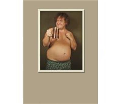 Volunteer Cake Jumper Card: A humorous card featuring a man with a large belly holding a beer mug.