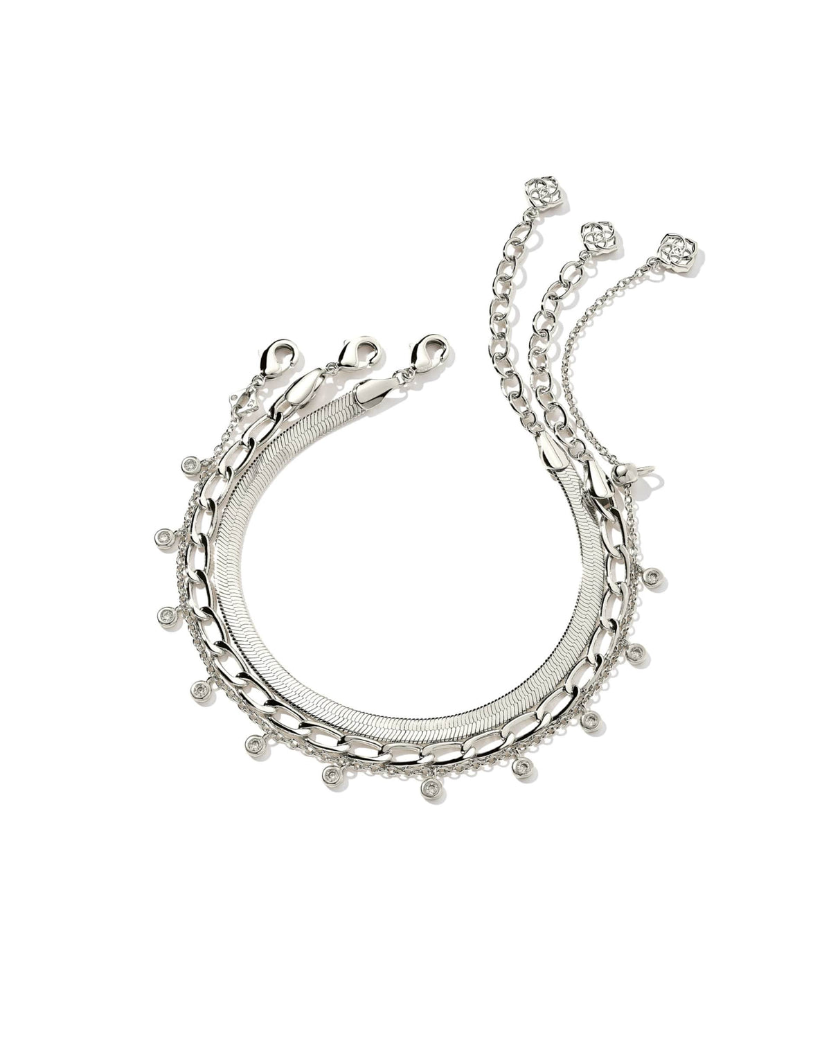 Three silver rhodium chain bracelets with lobster clasps in a set.