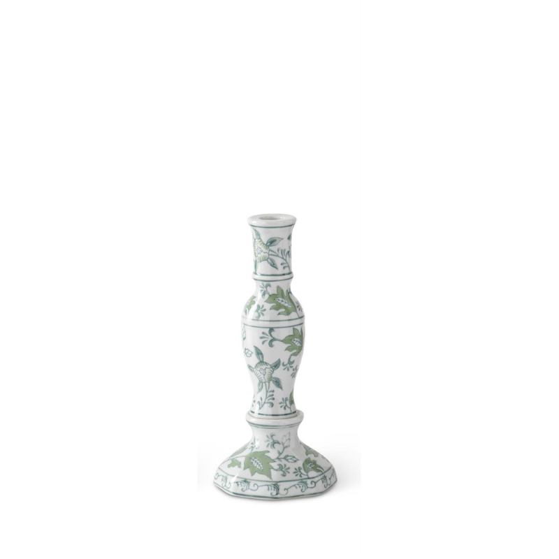 Green and white floral ceramic taper candleholder with elegant leaf and flower patterns.