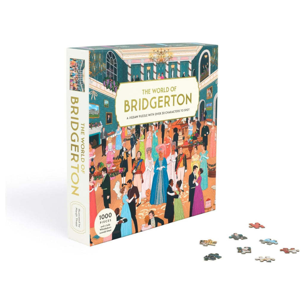 The World of Bridgerton 1000 Piece Puzzle box with scattered jigsaw pieces on a white background.