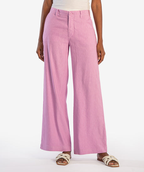 Front view of Meg Linen high rise wide leg pants in soft beige linen rayon blend with a relaxed silhouette.