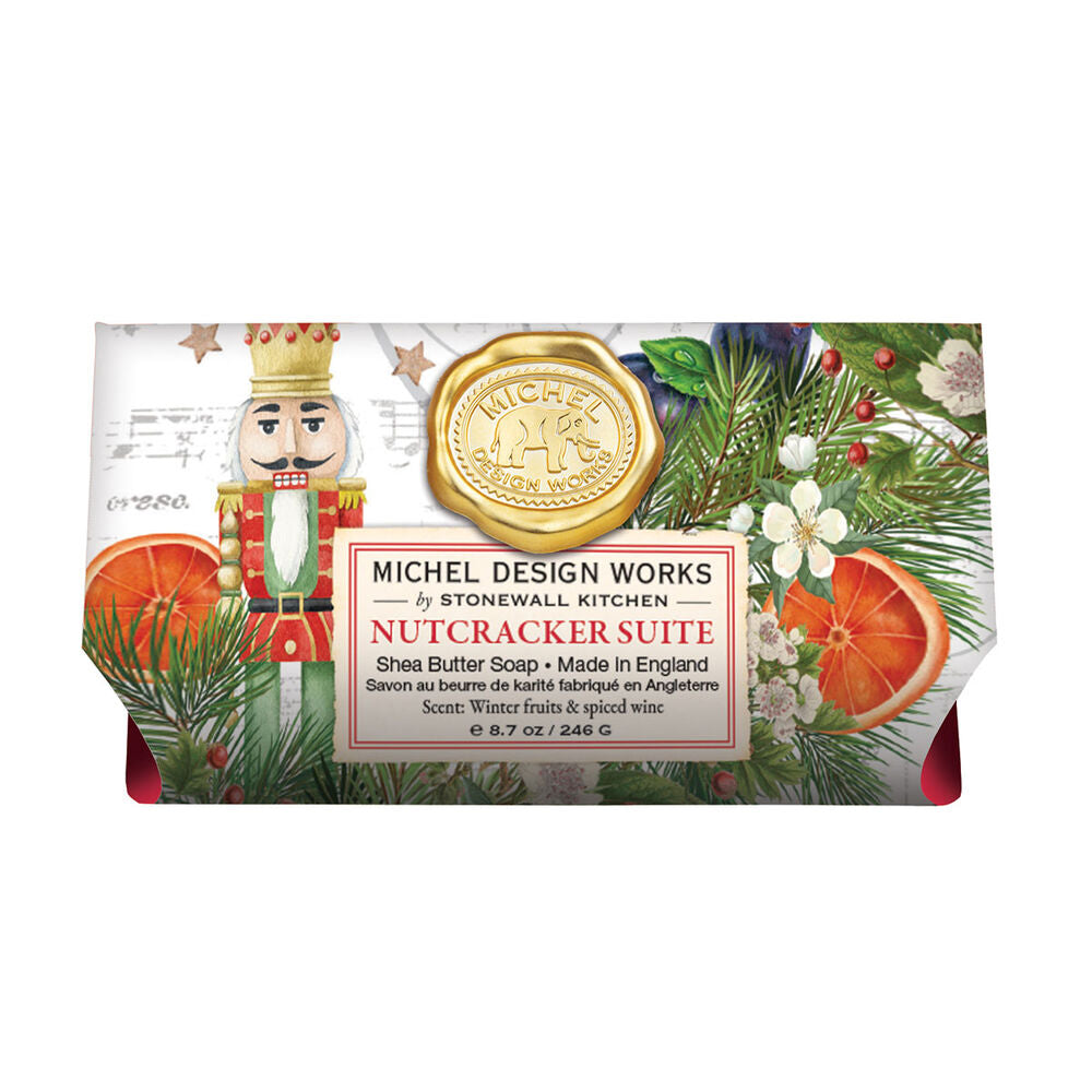 Michel Design Works Nutcracker Suite shea butter soap bar with holiday nutcracker and fruit design.