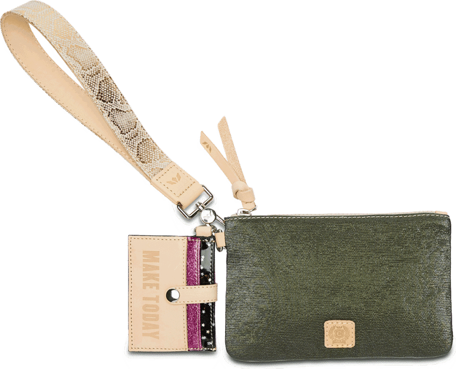 Diego leather wristlet with five card slots, D-ring pouch, and detachable cardholder in natural tan.