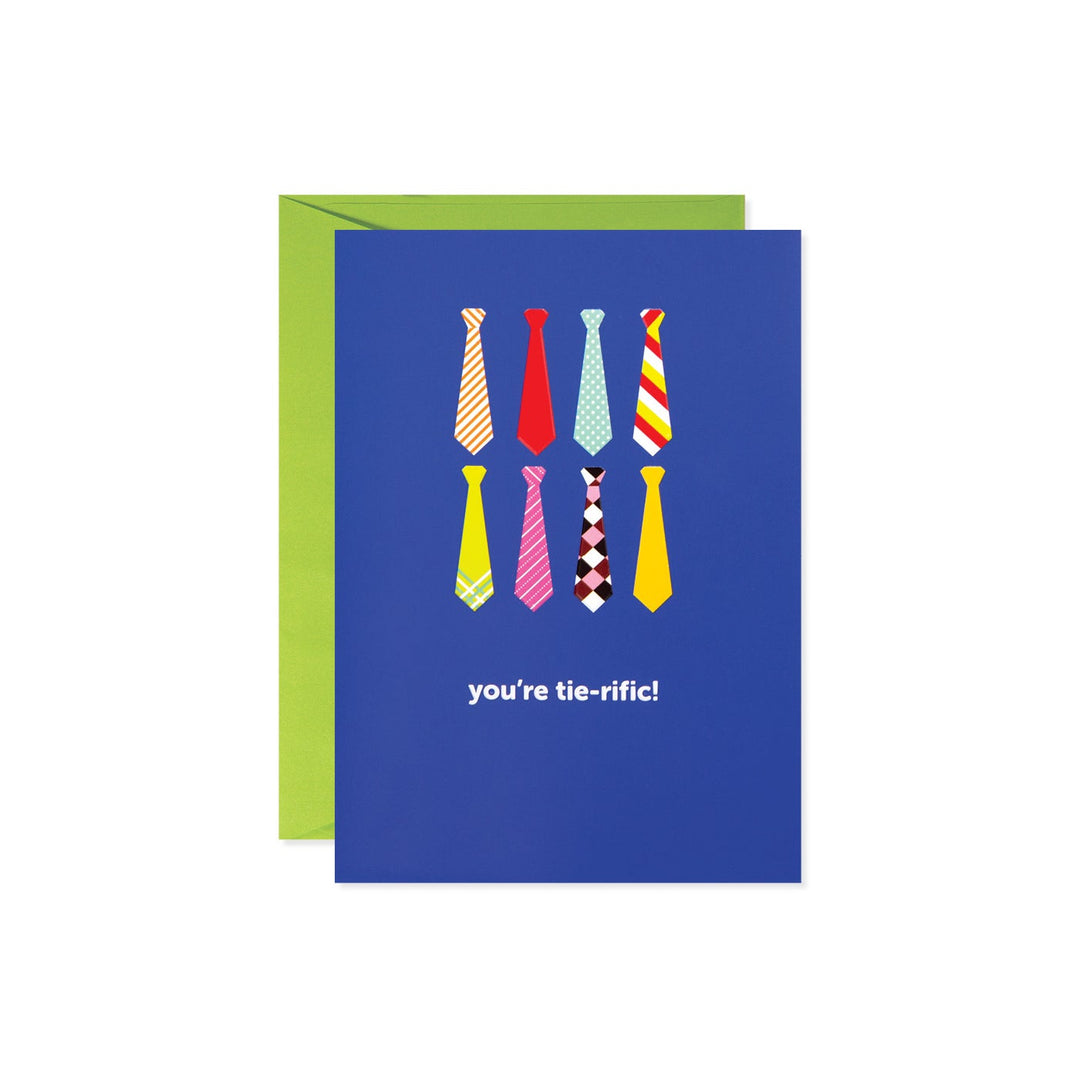 Blue card with a green envelope, featuring eight colorful ties in two rows and the text "you're tie-rific!".
