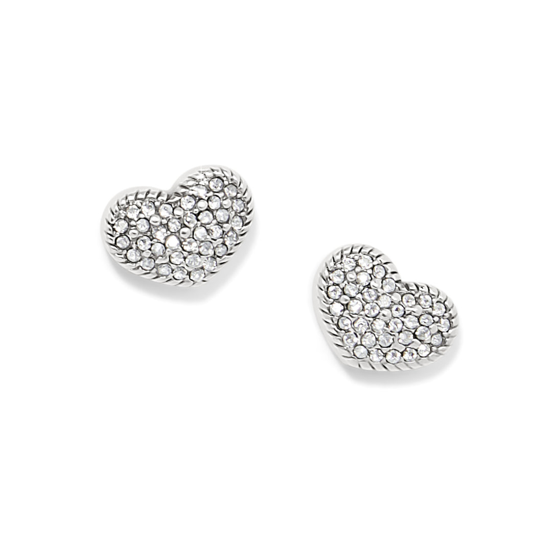 Silver plated heart-shaped post earrings pavé set with fine quality crystals.