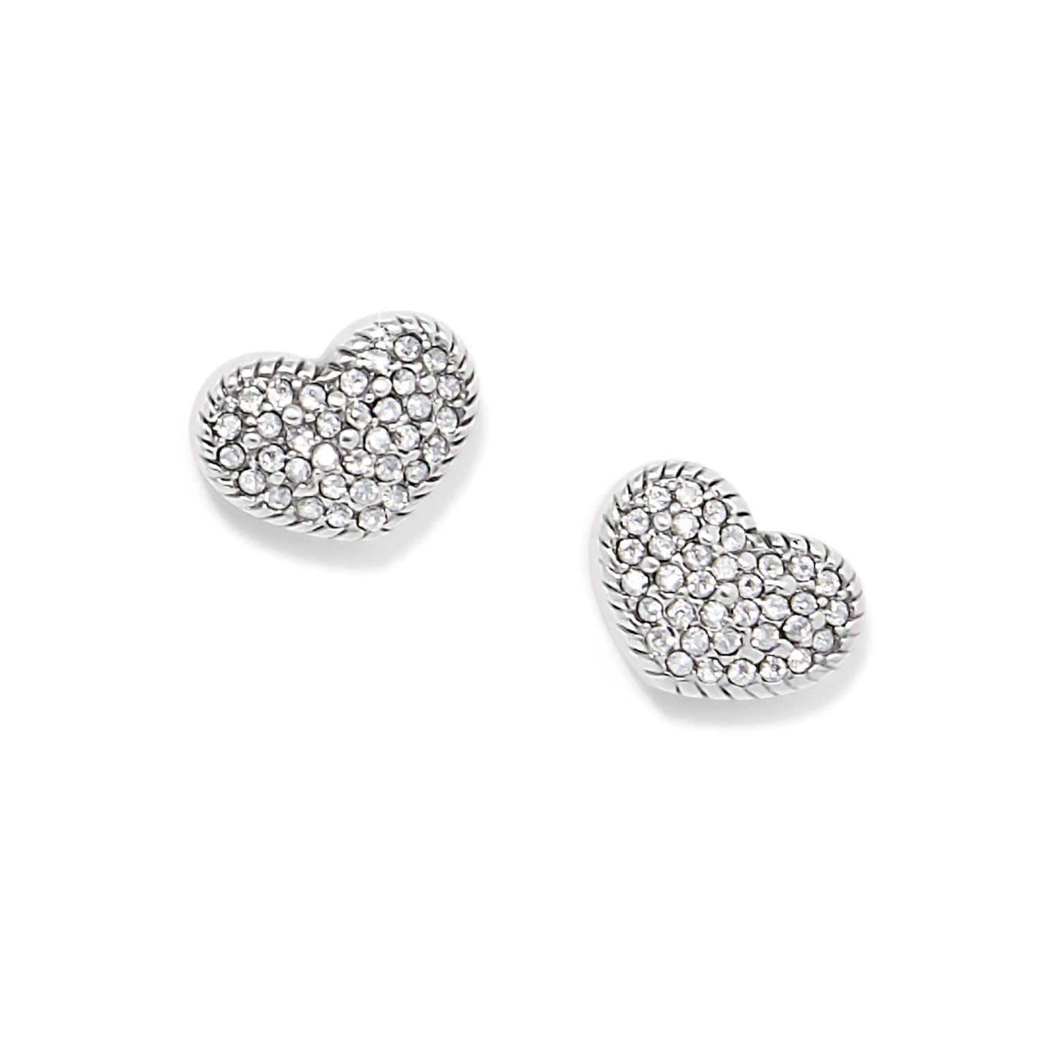 Silver plated heart-shaped post earrings pavé set with fine quality crystals.