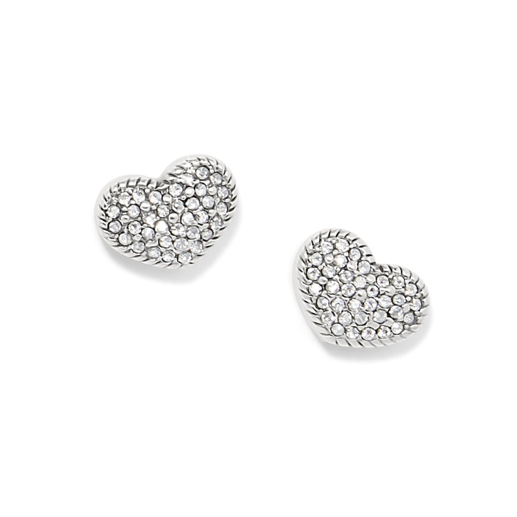 Silver plated heart-shaped post earrings pavé set with fine quality crystals.