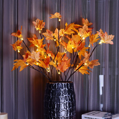 32-inch lighted maple branches with 32 warm white LEDs in a textured black vase.