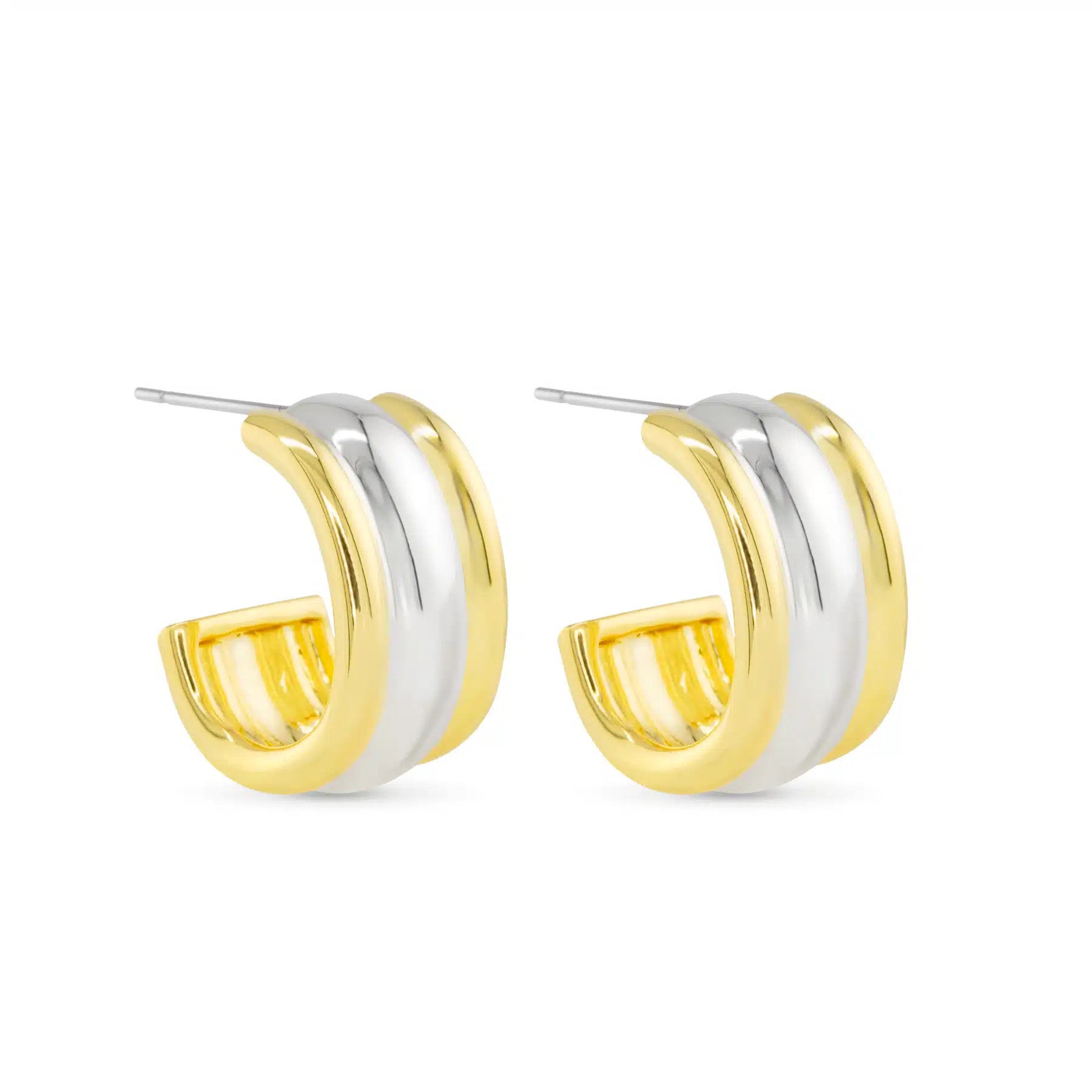 Two-tone gold and silver Fiona hoop earrings with a thick, ribbed design and post backings.