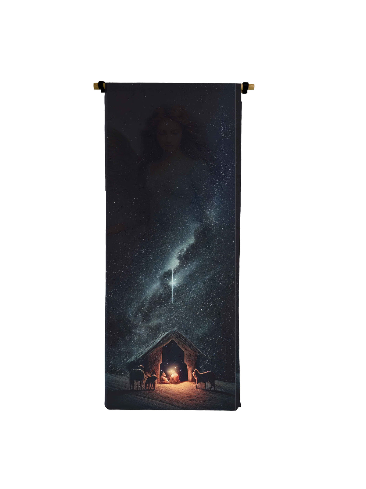 Vertical canvas scroll featuring a starry nativity scene with gold stars on dark blue fabric.