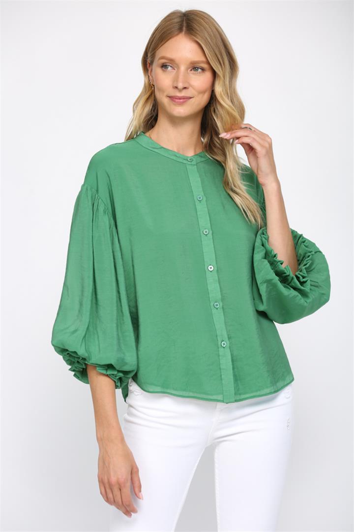 Diana rayon button-down shirt with puff sleeves in a light neutral tone.