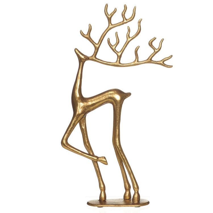 16.5-inch gold cast iron reindeer figurine with large antlers and a minimalist, slender design.