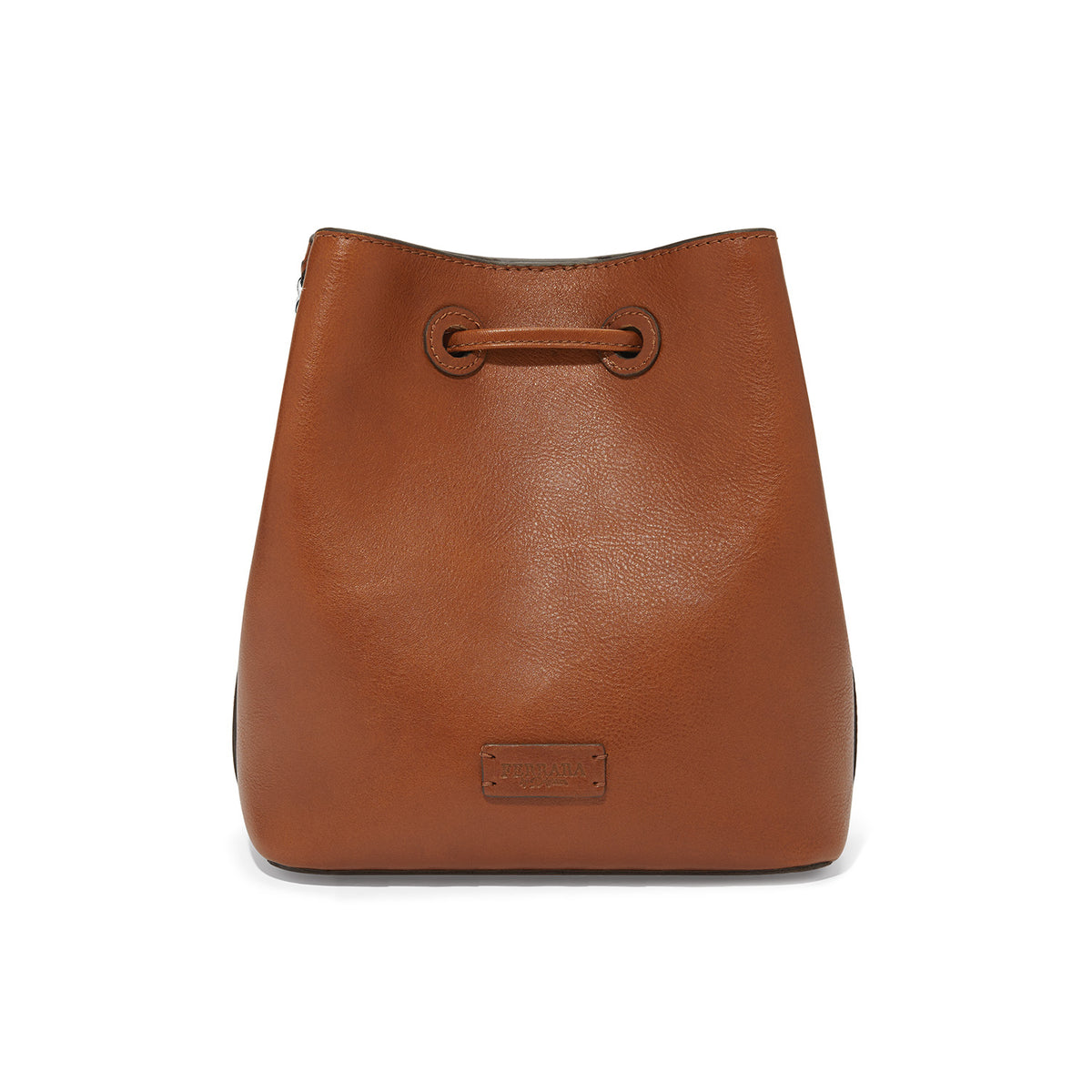 Russet leather Ferrara Cassia bucket bag with magnetic flap closure, adjustable strap, suede-like lining, and protective feet.