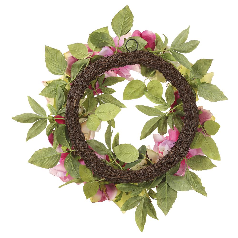 Twenty-inch cream peony wreath with twig accents on a wire frame