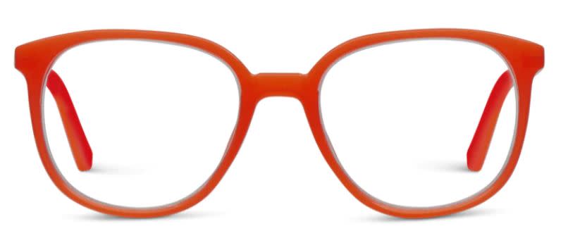 Fruit Punch eyeglasses with thin round frames in juicy colors featuring blue light filtering lenses and recycled polycarbonate material.