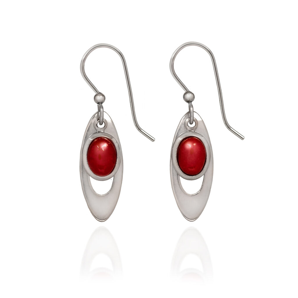 Open long oval silver-tone drop earrings featuring red cabochon stones on nickel-free earwires.