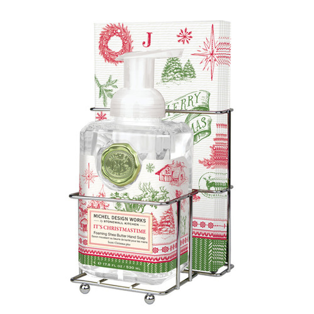 Foaming hand soap dispenser with white napkins in a set.