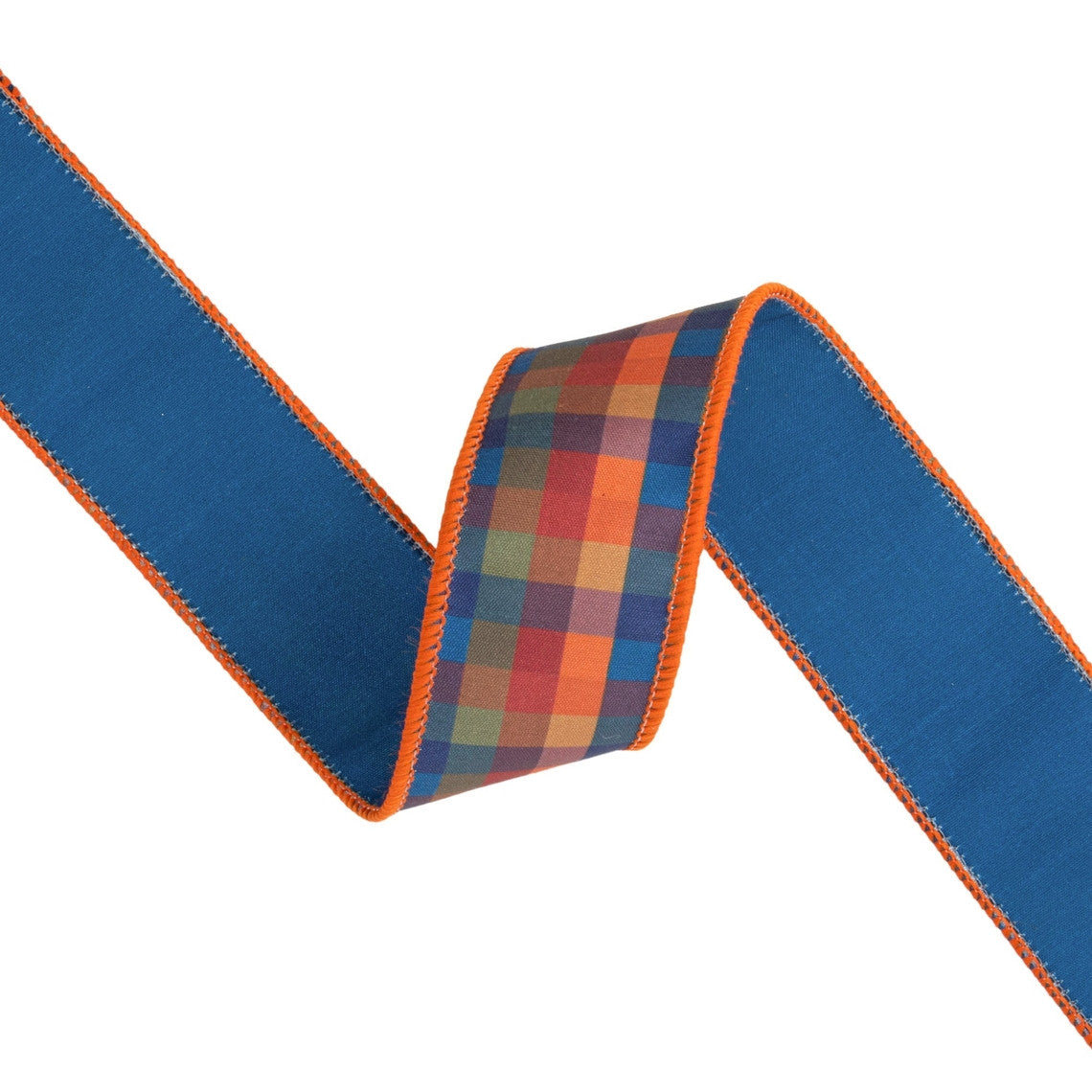 1.5 inch wired dupioni ribbon with a fall plaid front and solid blue backing, orange stitched edge.