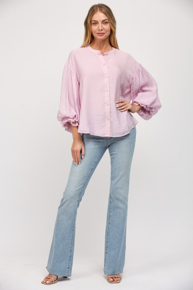 Diana button-down shirt in rayon-nylon blend featuring puff sleeves.