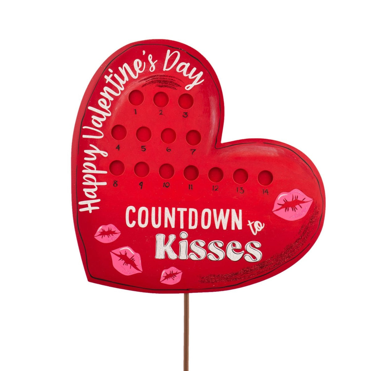 Red heart-shaped Valentine's Day countdown sign with 14 numbered holes and "Countdown to Kisses" text.