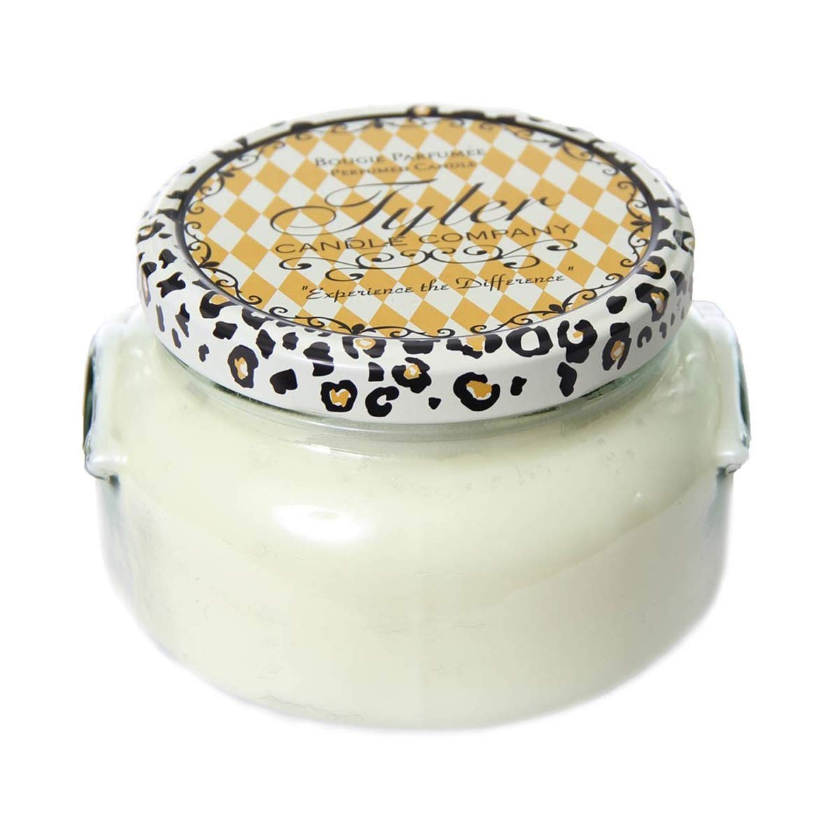 A 22oz Tyler Candle in a clear glass jar with an off-white wax and black wick.