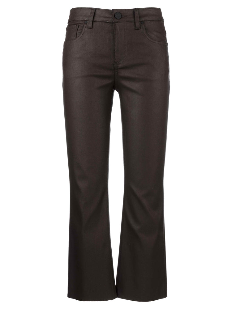Kelsey high-rise ankle flare jeans in a dark brown coated finish with a raw hem.