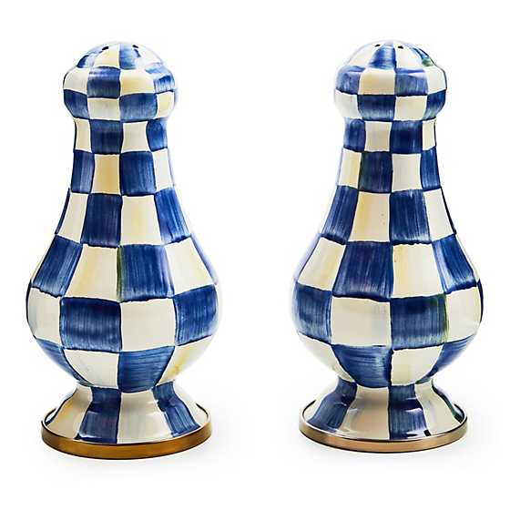 Large salt and pepper shakers with hand-painted royal check pattern on heavy-gauge steel.