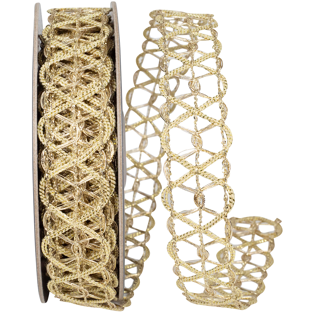 Gold Trim Lines Infiniti Metallic Ribbon with an intricate geometric lattice pattern on a spool.