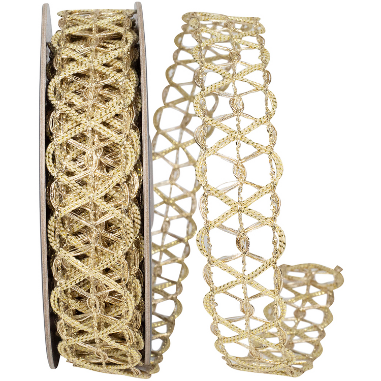 Gold Trim Lines Infiniti Metallic Ribbon with an intricate geometric lattice pattern on a spool.