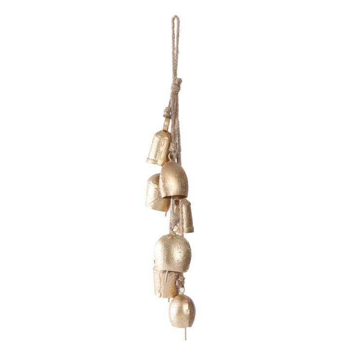 13 inch cluster of antique golden bells hanging from a jute rope.