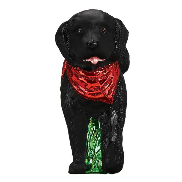 Black Doodle Dog glass ornament with a red glittery bandana and green base.