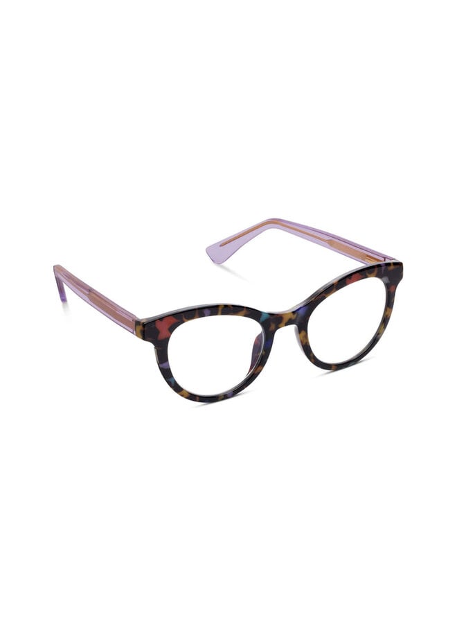 Tribeca eyeglasses with wire core-colored temples and a patterned cat-eye silhouette in clear recycled polycarbonate.