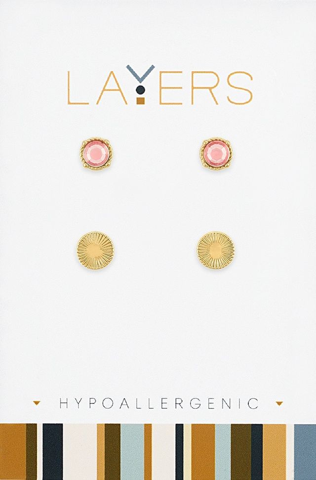 Gold vintage rose duo pair stud layer earrings with layered hoops