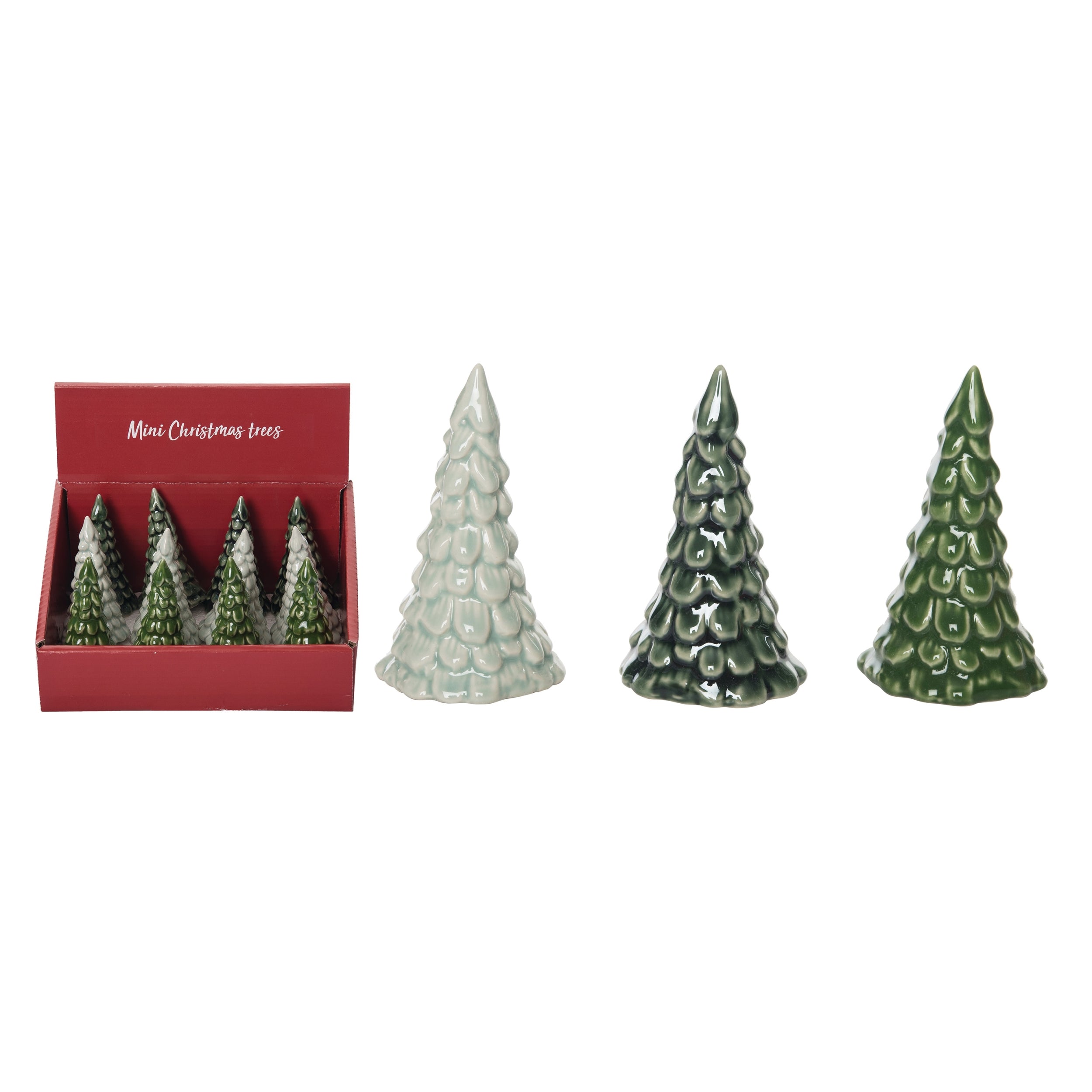 Mini ceramic tree decor with iridescent finish in a compact 3-inch silhouette.
